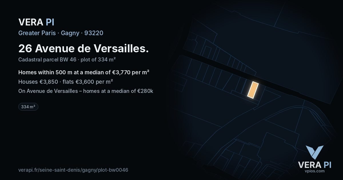 26 Avenue de Versailles, Gagny at night – the plot lit, the parcels around coloured by the prices near them