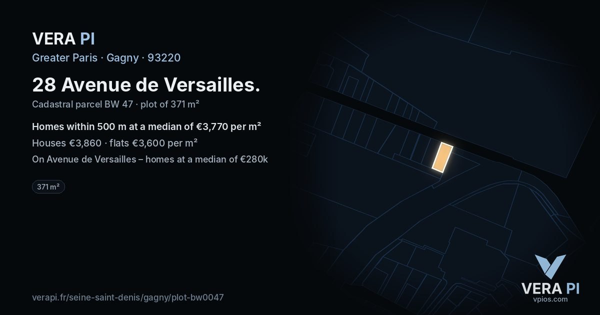 28 Avenue de Versailles, Gagny at night – the plot lit, the parcels around coloured by the prices near them