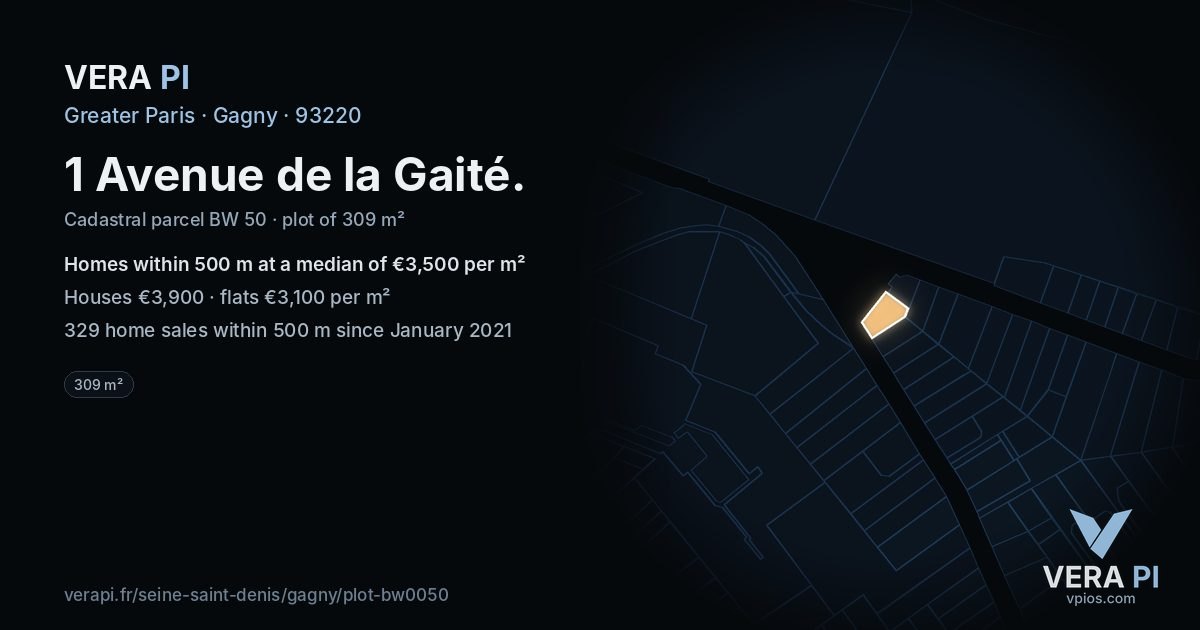 1 Avenue de la Gaité, Gagny at night – the plot lit, the parcels around coloured by the prices near them