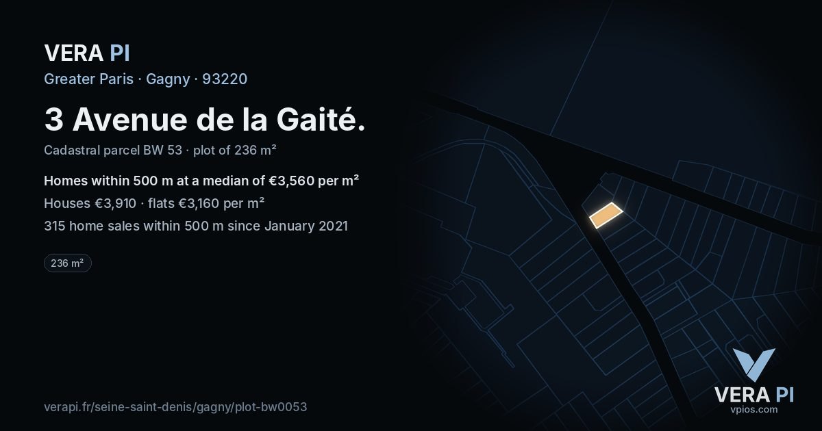 3 Avenue de la Gaité, Gagny at night – the plot lit, the parcels around coloured by the prices near them
