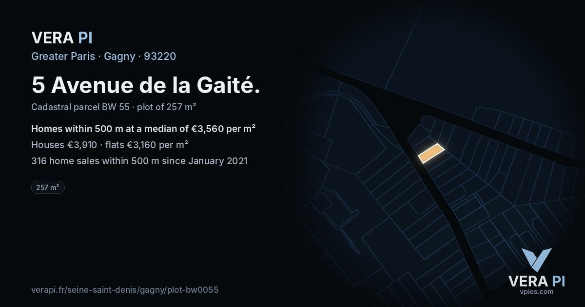 5 Avenue de la Gaité, Gagny at night – the plot lit, the parcels around coloured by the prices near them