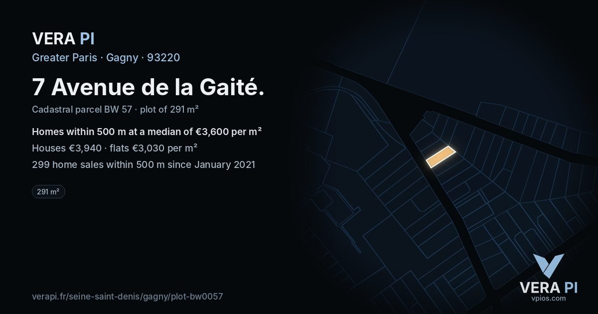 7 Avenue de la Gaité, Gagny at night – the plot lit, the parcels around coloured by the prices near them