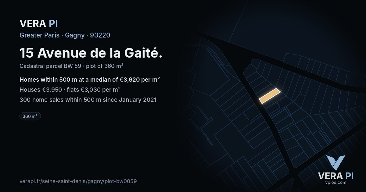 15 Avenue de la Gaité, Gagny at night – the plot lit, the parcels around coloured by the prices near them