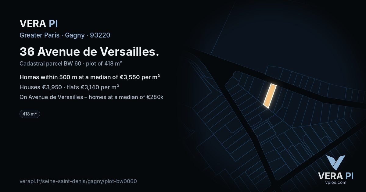 36 Avenue de Versailles, Gagny at night – the plot lit, the parcels around coloured by the prices near them