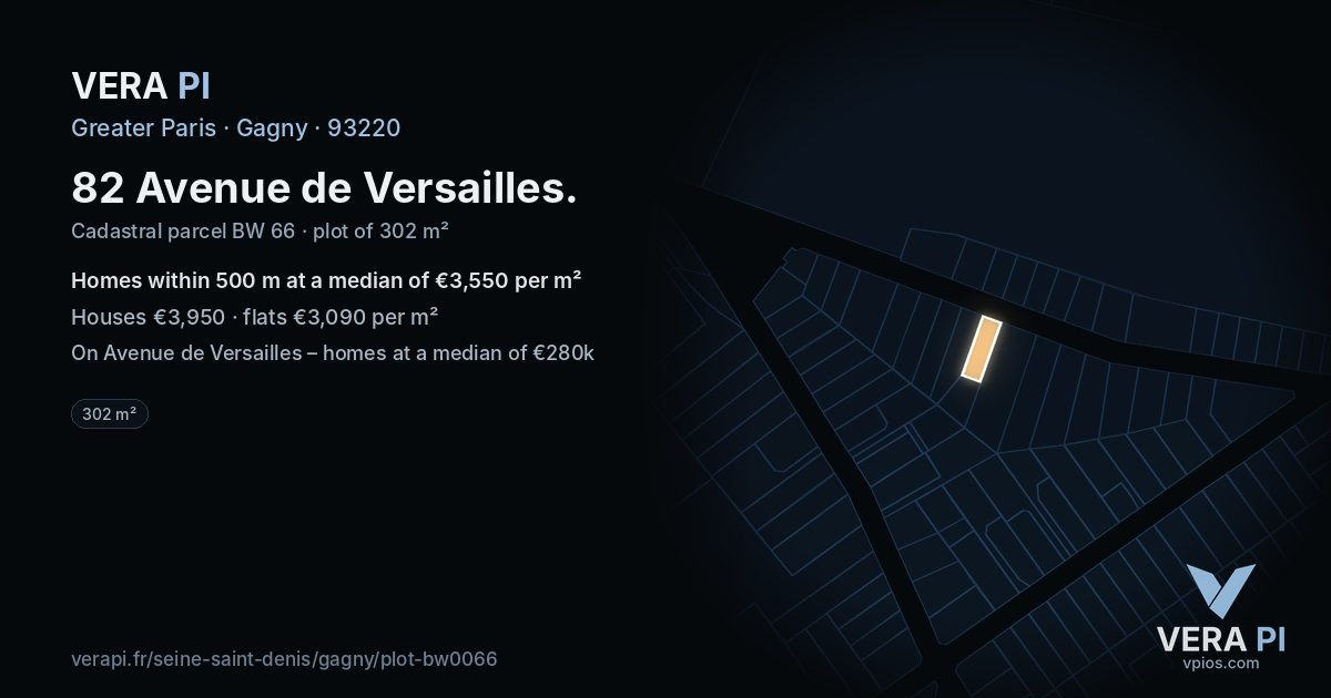 82 Avenue de Versailles, Gagny at night – the plot lit, the parcels around coloured by the prices near them