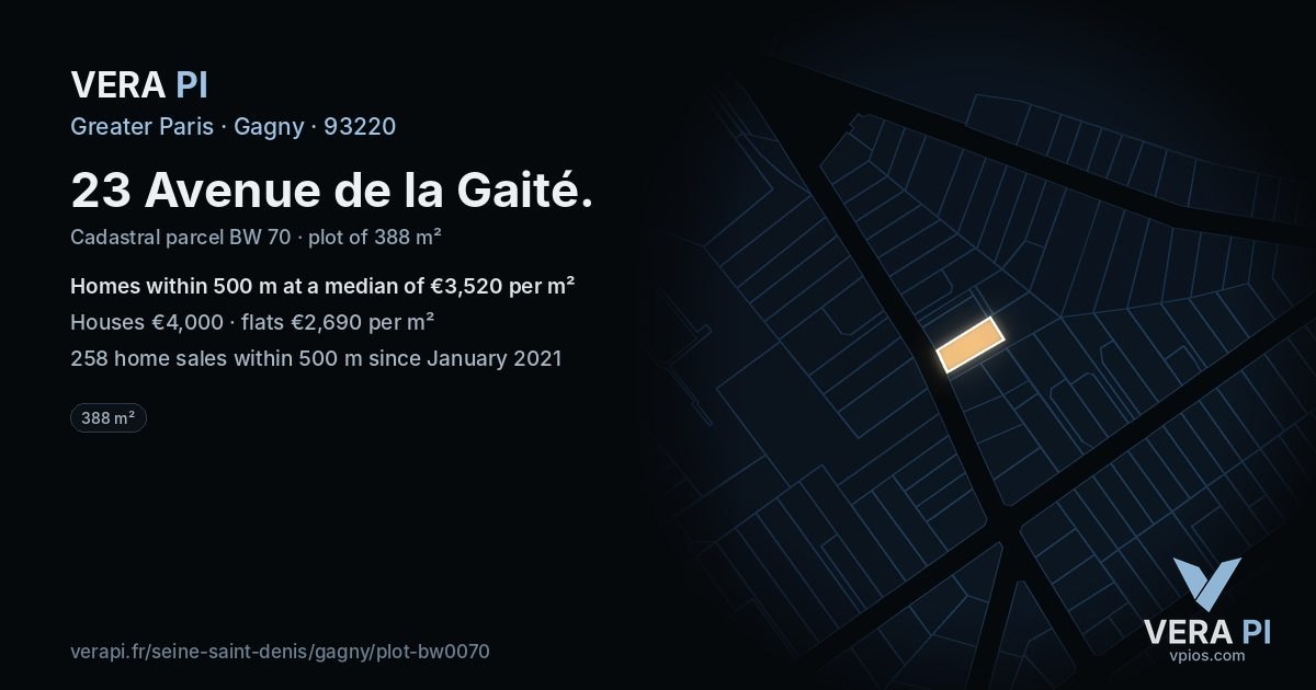 23 Avenue de la Gaité, Gagny at night – the plot lit, the parcels around coloured by the prices near them