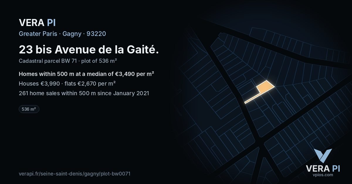 23 bis Avenue de la Gaité, Gagny at night – the plot lit, the parcels around coloured by the prices near them