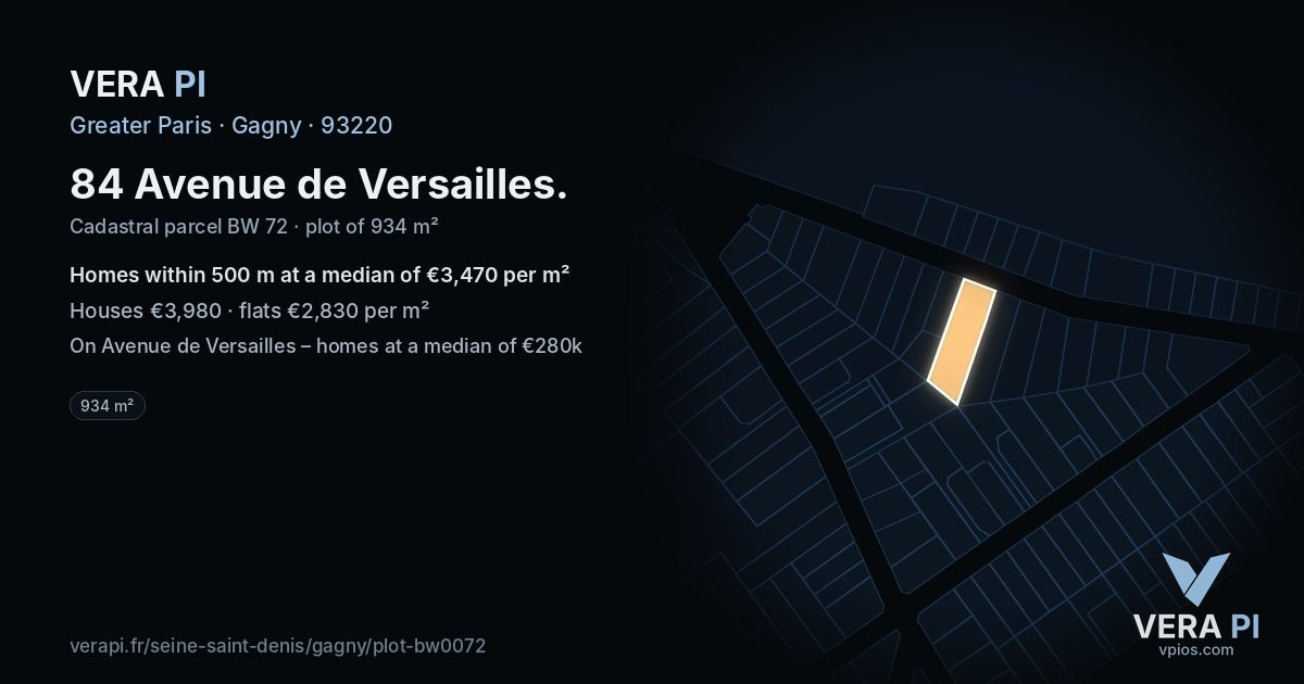 84 Avenue de Versailles, Gagny at night – the plot lit, the parcels around coloured by the prices near them