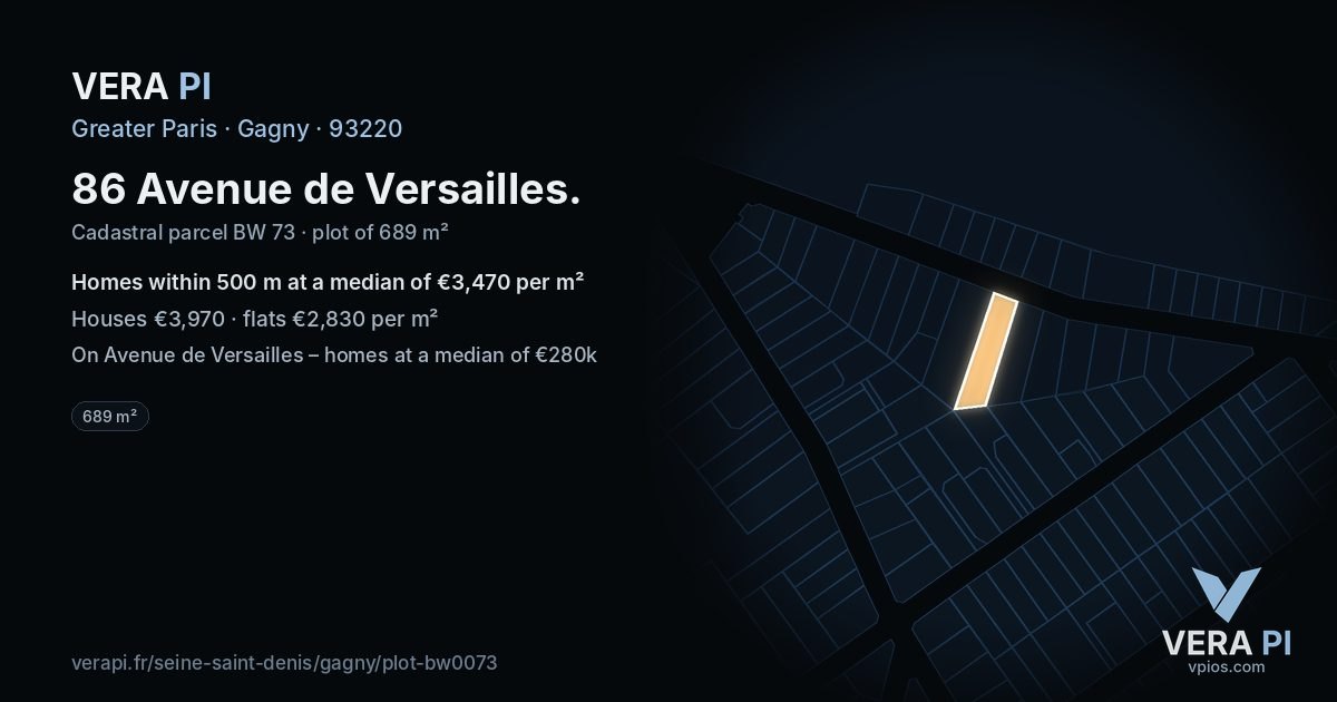 86 Avenue de Versailles, Gagny at night – the plot lit, the parcels around coloured by the prices near them