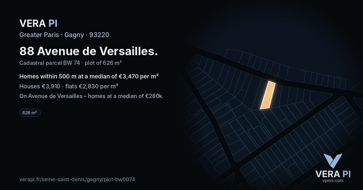 88 Avenue de Versailles, Gagny at night – the plot lit, the parcels around coloured by the prices near them
