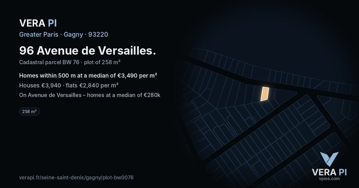96 Avenue de Versailles, Gagny at night – the plot lit, the parcels around coloured by the prices near them