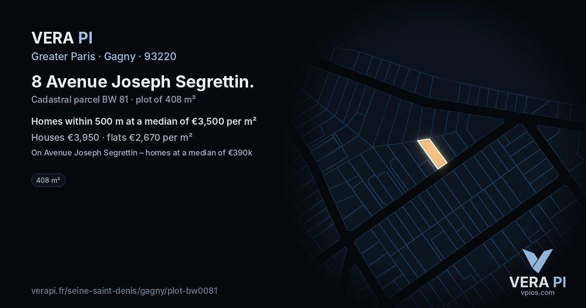 8 Avenue Joseph Segrettin, Gagny at night – the plot lit, the parcels around coloured by the prices near them