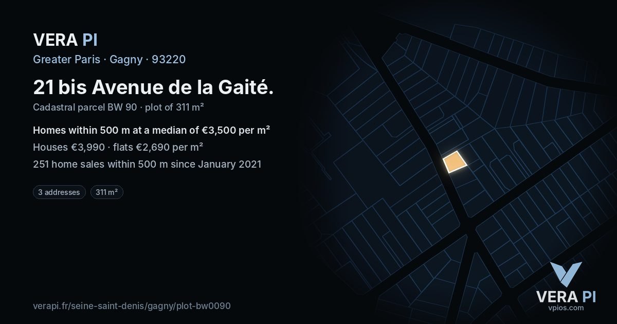 21 bis Avenue de la Gaité, Gagny at night – the plot lit, the parcels around coloured by the prices near them