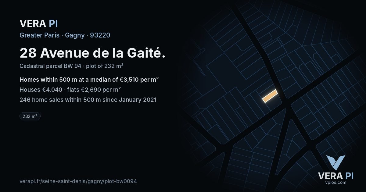 28 Avenue de la Gaité, Gagny at night – the plot lit, the parcels around coloured by the prices near them