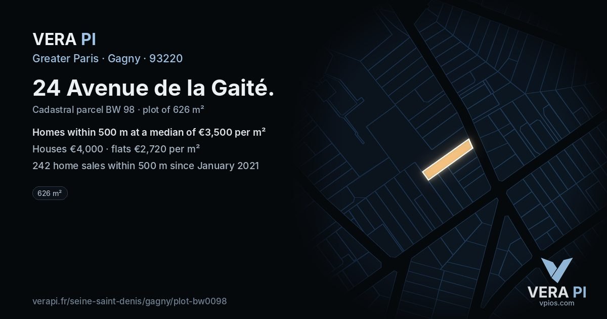 24 Avenue de la Gaité, Gagny at night – the plot lit, the parcels around coloured by the prices near them