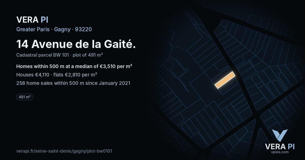 14 Avenue de la Gaité, Gagny at night – the plot lit, the parcels around coloured by the prices near them
