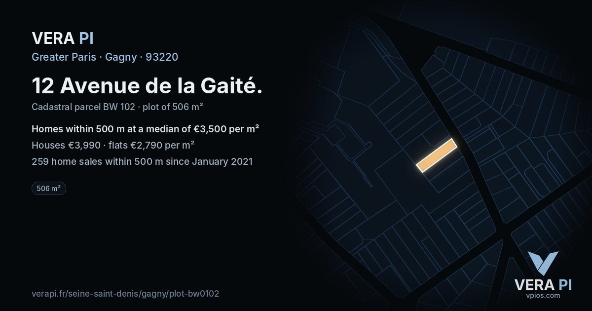 12 Avenue de la Gaité, Gagny at night – the plot lit, the parcels around coloured by the prices near them