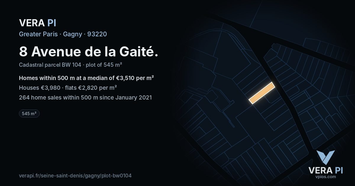 8 Avenue de la Gaité, Gagny at night – the plot lit, the parcels around coloured by the prices near them