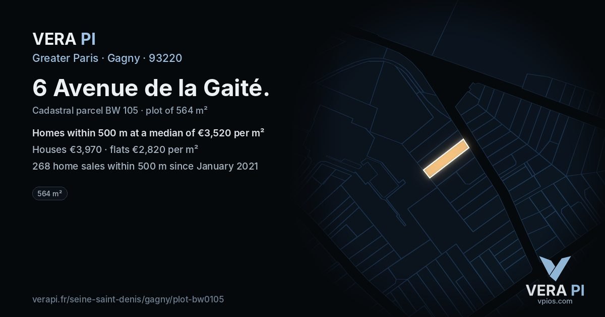 6 Avenue de la Gaité, Gagny at night – the plot lit, the parcels around coloured by the prices near them