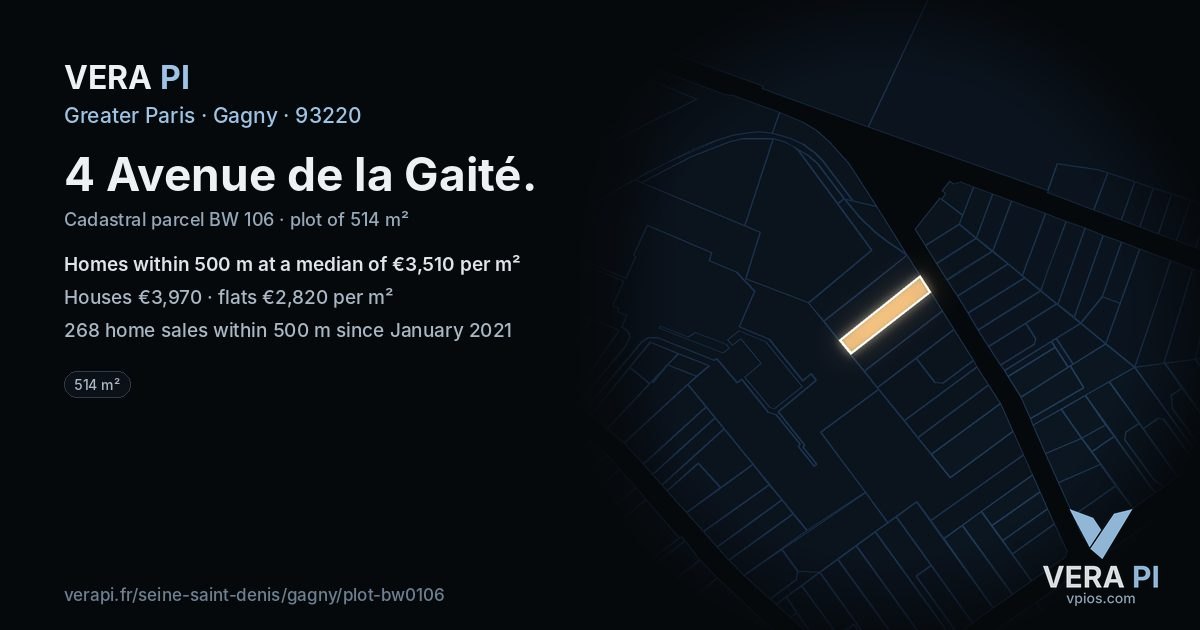 4 Avenue de la Gaité, Gagny at night – the plot lit, the parcels around coloured by the prices near them