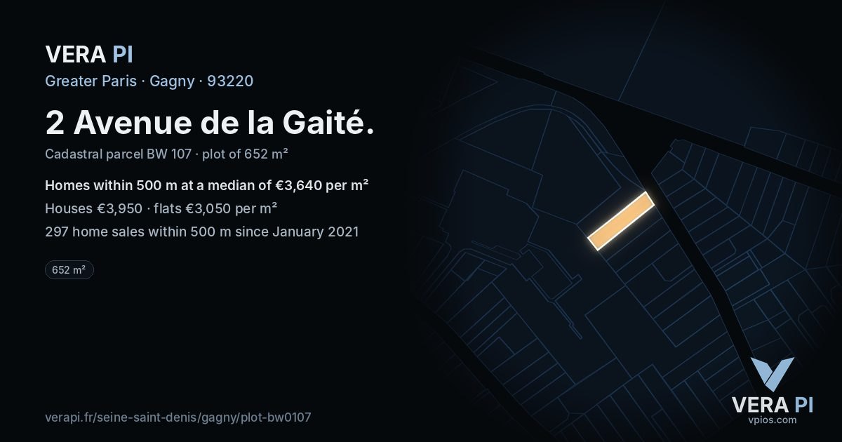 2 Avenue de la Gaité, Gagny at night – the plot lit, the parcels around coloured by the prices near them