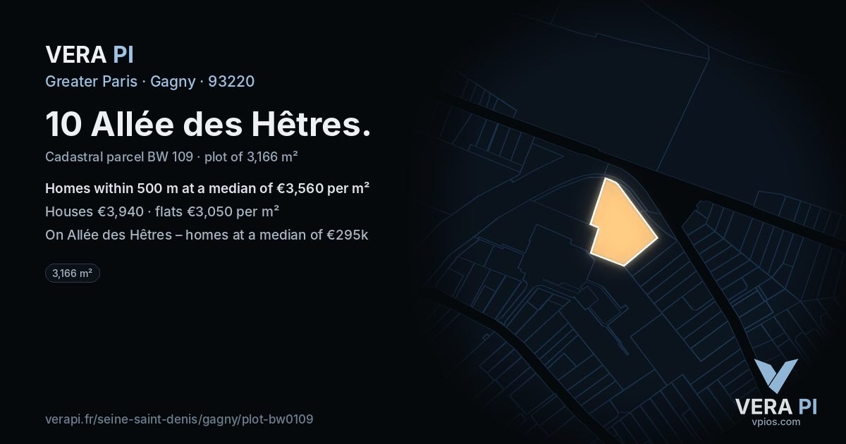 10 Allée des Hêtres, Gagny at night – the plot lit, the parcels around coloured by the prices near them