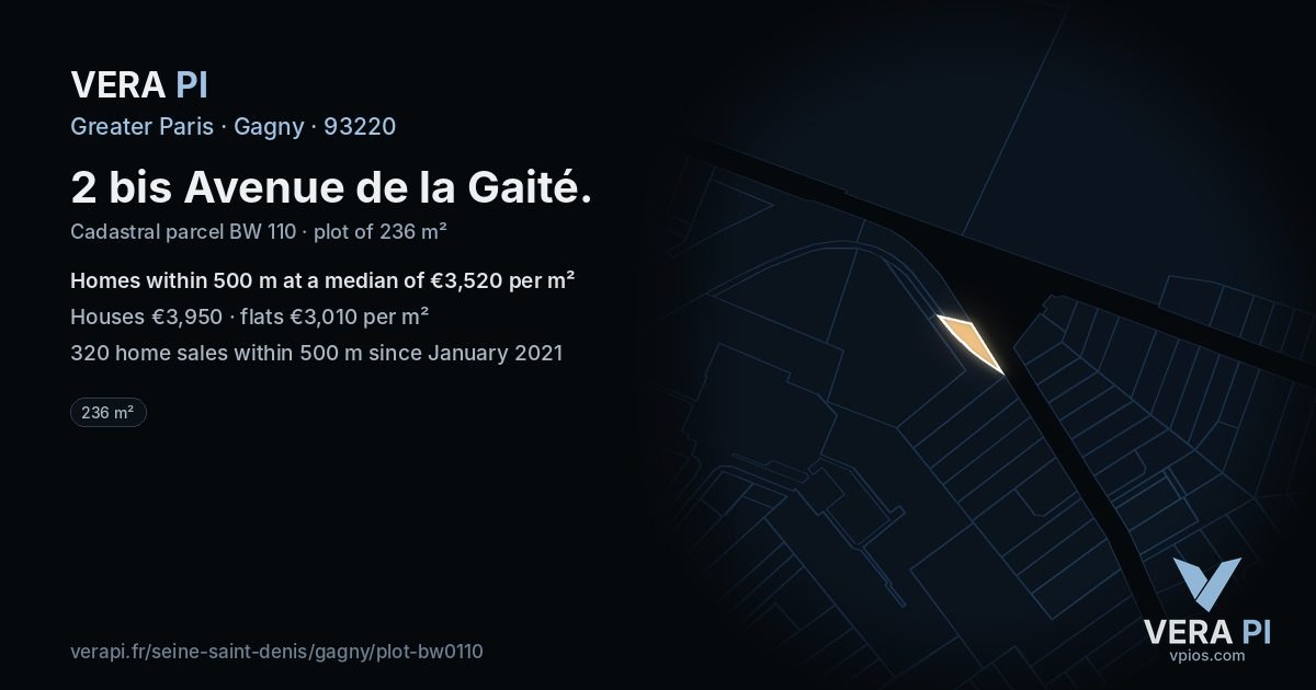 2 bis Avenue de la Gaité, Gagny at night – the plot lit, the parcels around coloured by the prices near them