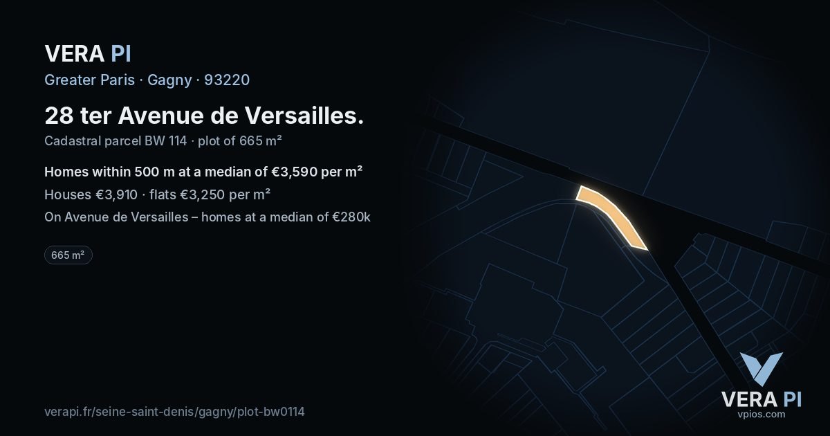 28 ter Avenue de Versailles, Gagny at night – the plot lit, the parcels around coloured by the prices near them