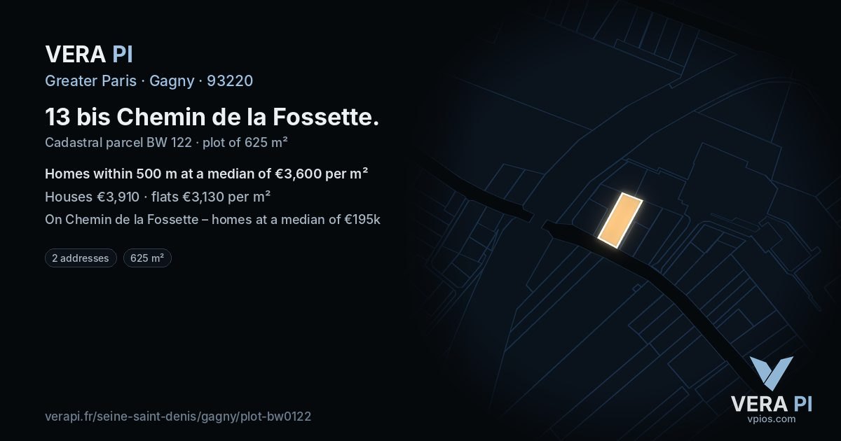 13 bis Chemin de la Fossette, Gagny at night – the plot lit, the parcels around coloured by the prices near them