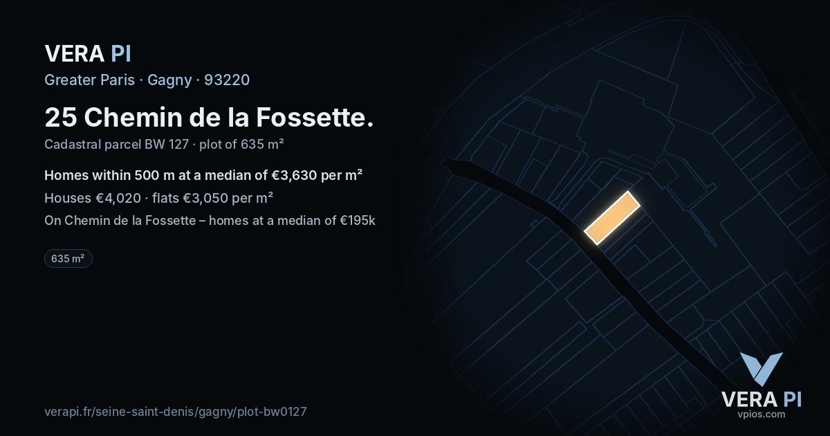 25 Chemin de la Fossette, Gagny at night – the plot lit, the parcels around coloured by the prices near them