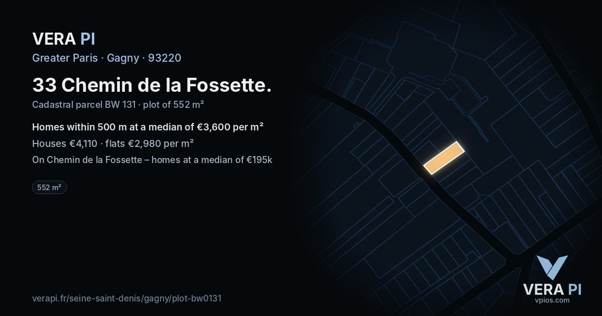 33 Chemin de la Fossette, Gagny at night – the plot lit, the parcels around coloured by the prices near them