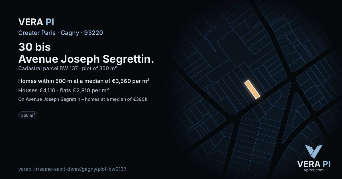 30 bis Avenue Joseph Segrettin, Gagny at night – the plot lit, the parcels around coloured by the prices near them