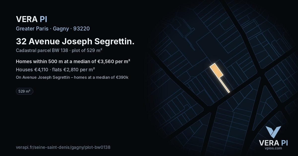 32 Avenue Joseph Segrettin, Gagny at night – the plot lit, the parcels around coloured by the prices near them