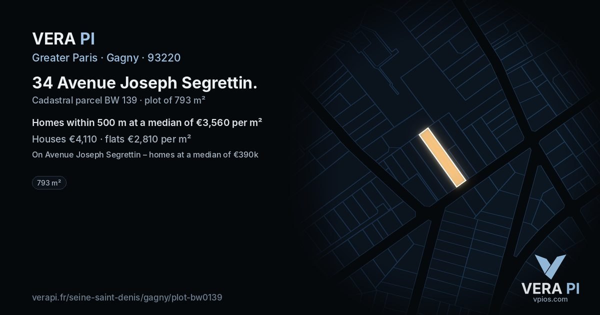 34 Avenue Joseph Segrettin, Gagny at night – the plot lit, the parcels around coloured by the prices near them