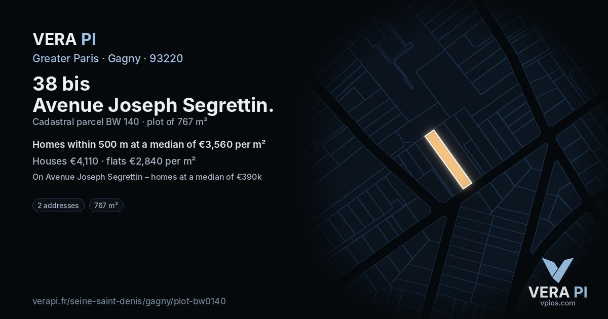 38 bis Avenue Joseph Segrettin, Gagny at night – the plot lit, the parcels around coloured by the prices near them