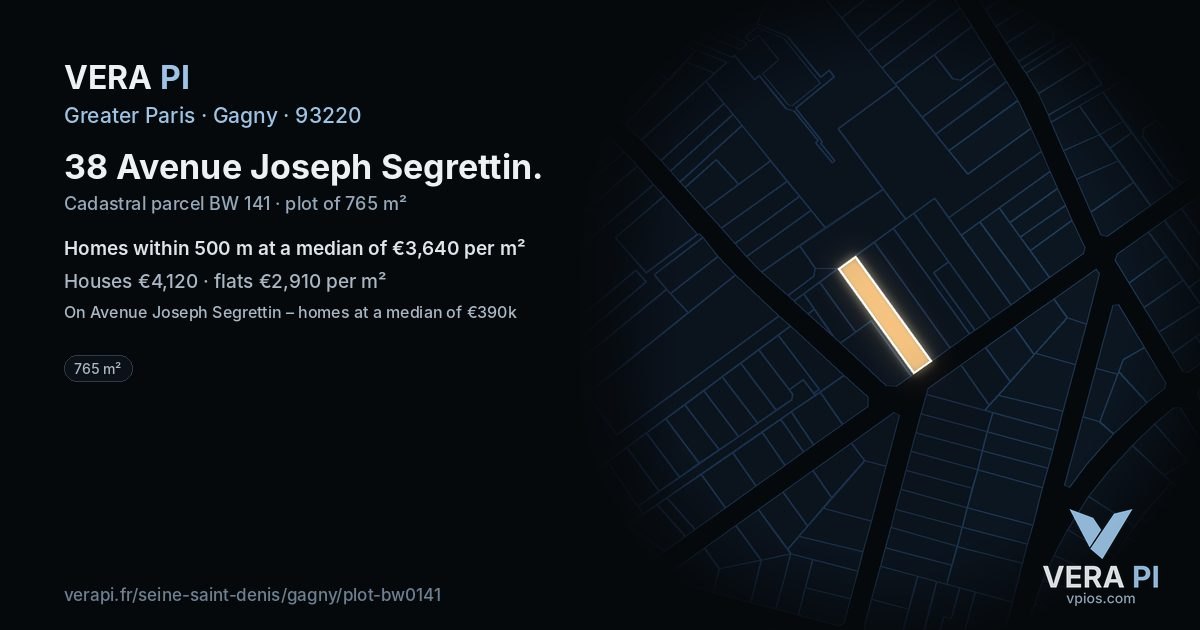 38 Avenue Joseph Segrettin, Gagny at night – the plot lit, the parcels around coloured by the prices near them