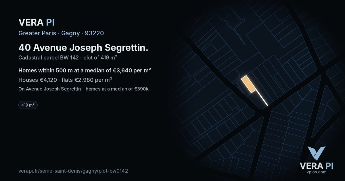 40 Avenue Joseph Segrettin, Gagny at night – the plot lit, the parcels around coloured by the prices near them