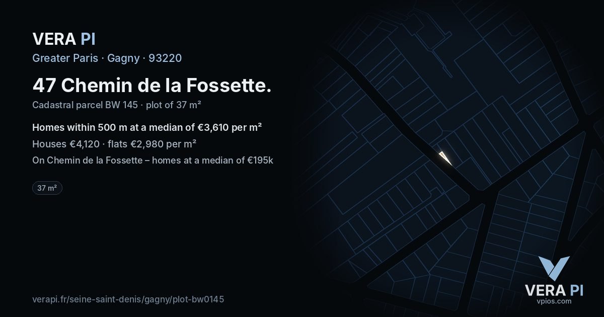 47 Chemin de la Fossette, Gagny at night – the plot lit, the parcels around coloured by the prices near them