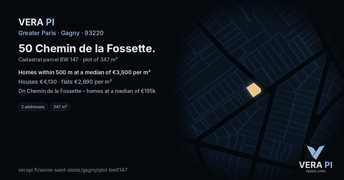 50 Chemin de la Fossette, Gagny at night – the plot lit, the parcels around coloured by the prices near them