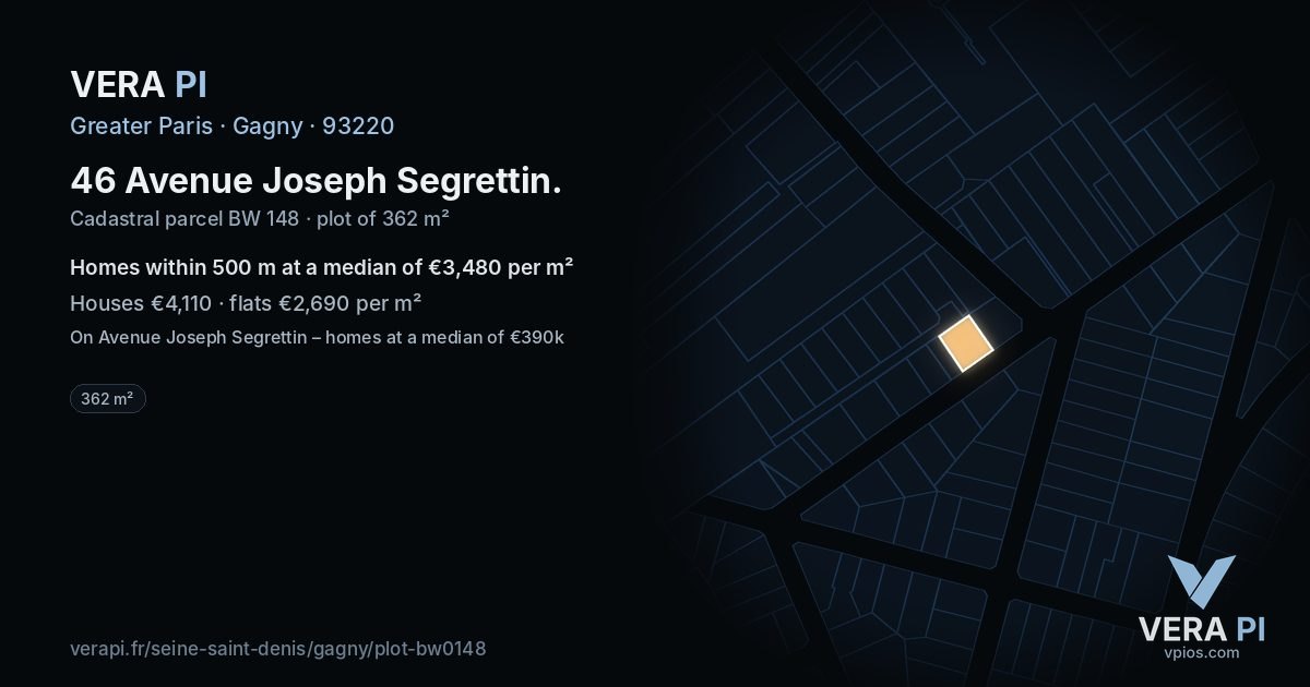 46 Avenue Joseph Segrettin, Gagny at night – the plot lit, the parcels around coloured by the prices near them
