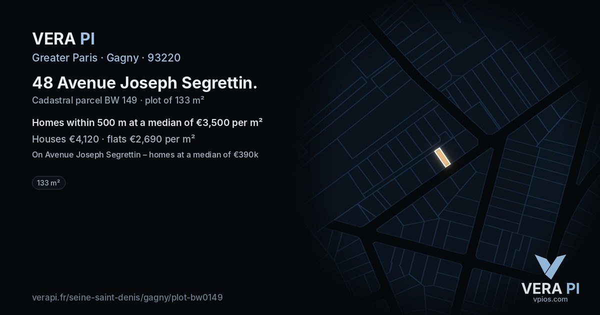 48 Avenue Joseph Segrettin, Gagny at night – the plot lit, the parcels around coloured by the prices near them