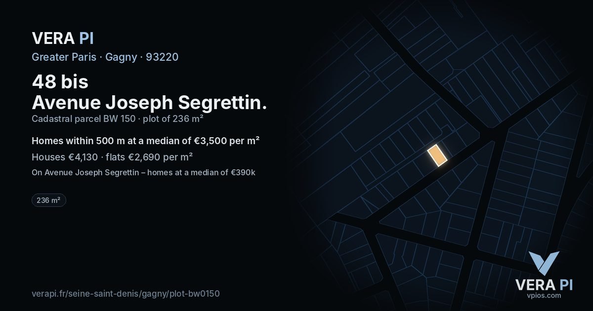 48 bis Avenue Joseph Segrettin, Gagny at night – the plot lit, the parcels around coloured by the prices near them
