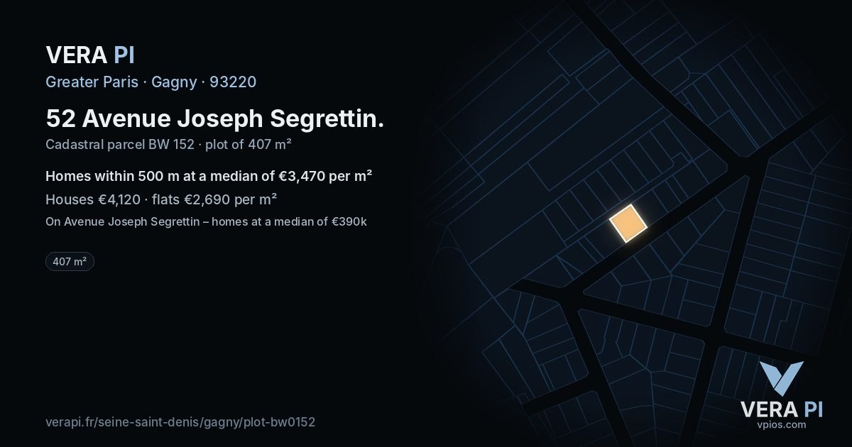 52 Avenue Joseph Segrettin, Gagny at night – the plot lit, the parcels around coloured by the prices near them