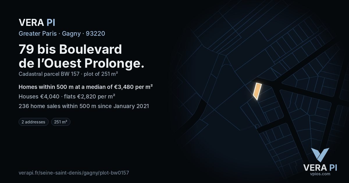 79 bis Boulevard de l’Ouest Prolonge, Gagny at night – the plot lit, the parcels around coloured by the prices near them