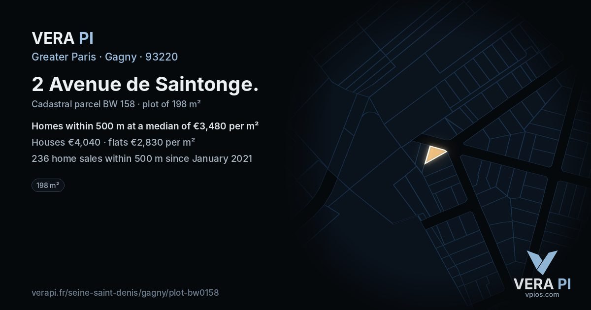 2 Avenue de Saintonge, Gagny at night – the plot lit, the parcels around coloured by the prices near them