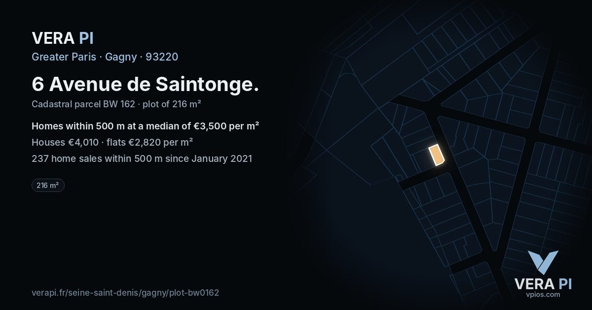 6 Avenue de Saintonge, Gagny at night – the plot lit, the parcels around coloured by the prices near them