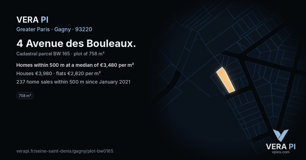 4 Avenue des Bouleaux, Gagny at night – the plot lit, the parcels around coloured by the prices near them