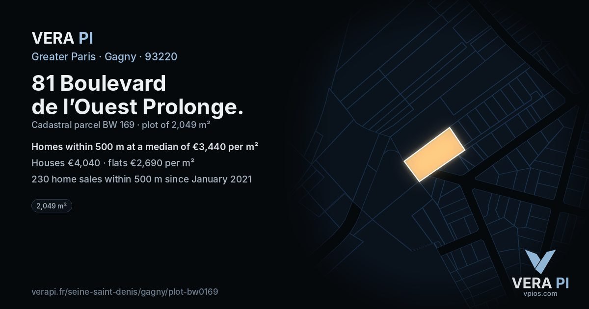 81 Boulevard de l’Ouest Prolonge, Gagny at night – the plot lit, the parcels around coloured by the prices near them