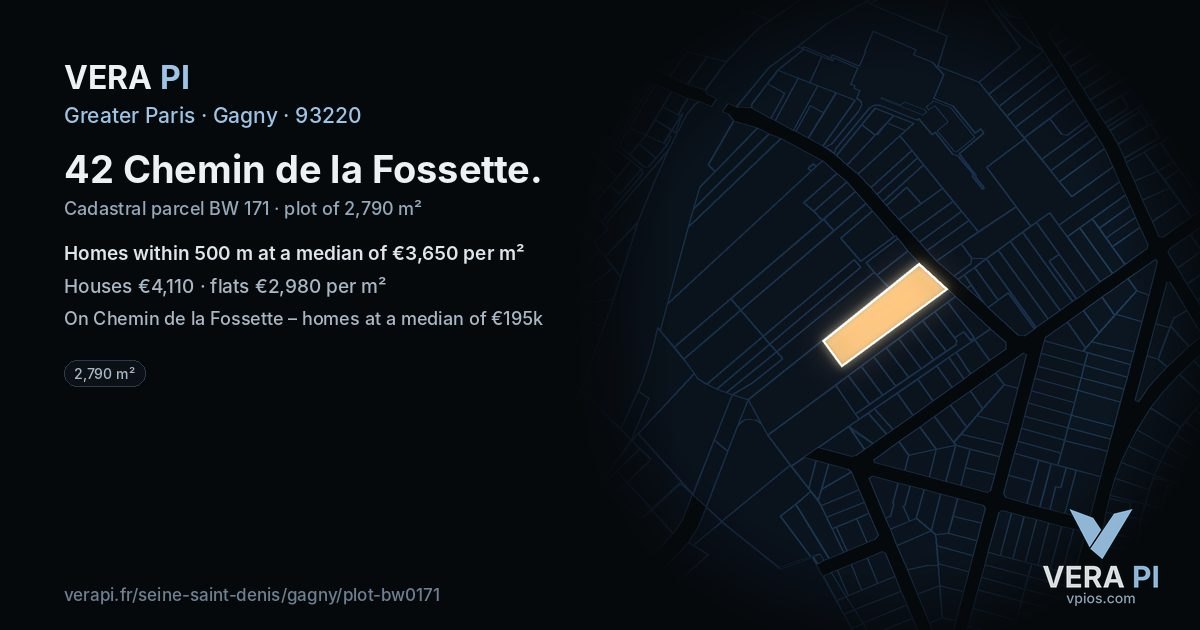 42 Chemin de la Fossette, Gagny at night – the plot lit, the parcels around coloured by the prices near them