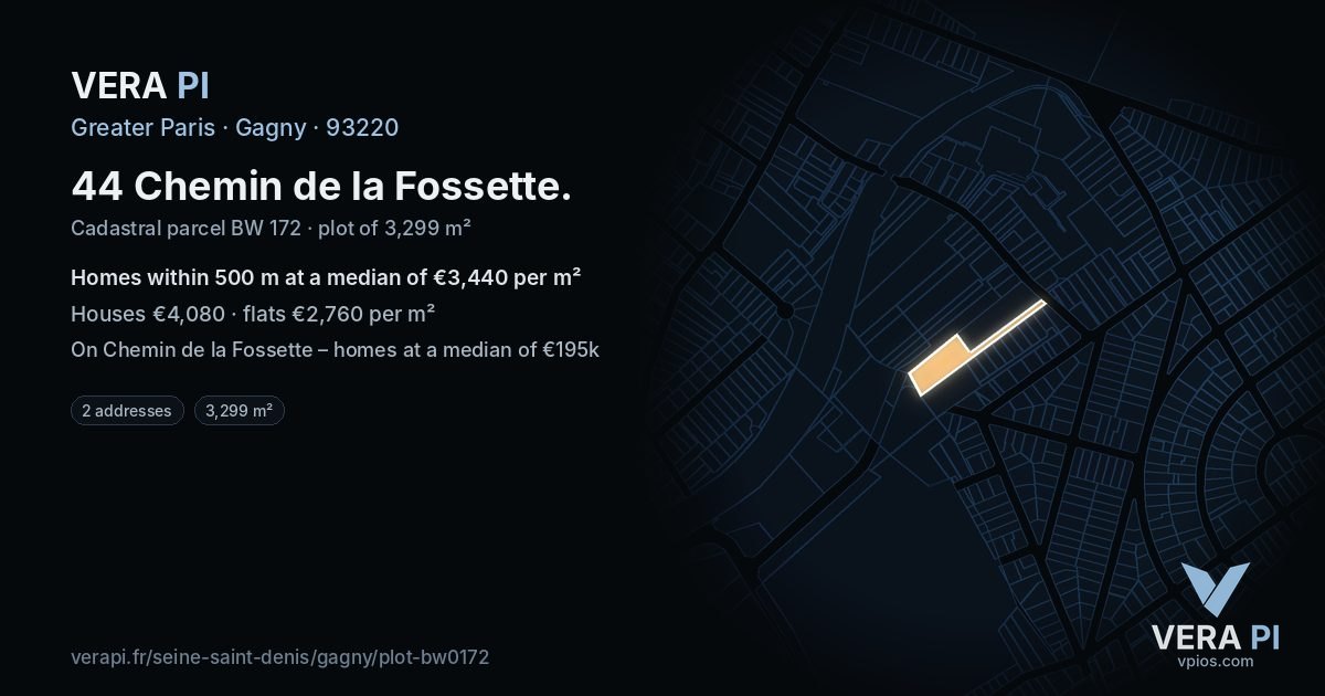 44 Chemin de la Fossette, Gagny at night – the plot lit, the parcels around coloured by the prices near them